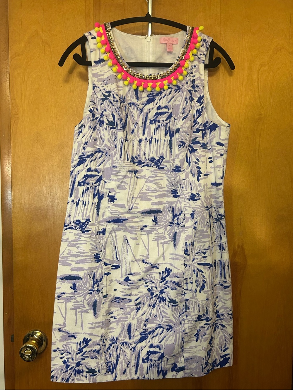 EUC Lilly Pulitzer Mila Shift Dress in Lilac Rock the Dock Pom Pom size 8